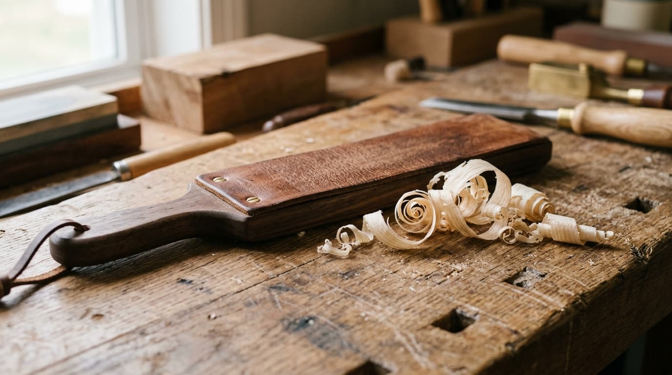 Leather paddle strop resting on a wooden workbench next to fine curls of basswood shavings