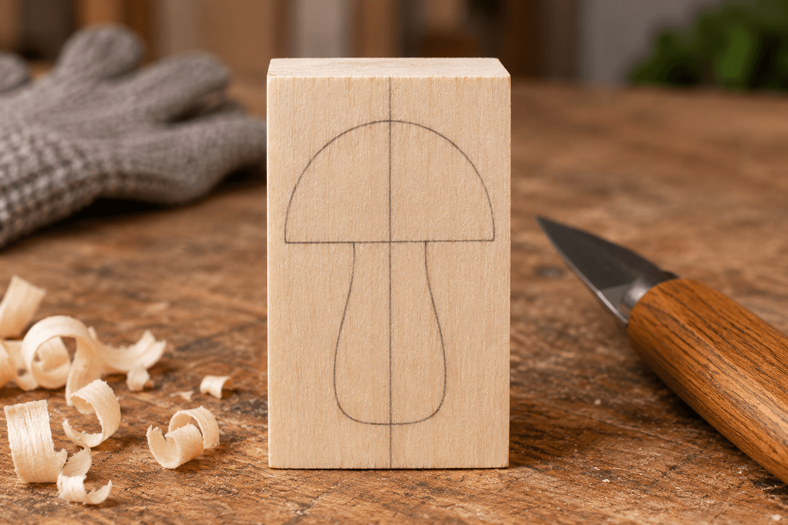 Basswood blank marked with pencil guide lines for the mushroom cap and stem on a workbench with carving knife and cut-resistant glove