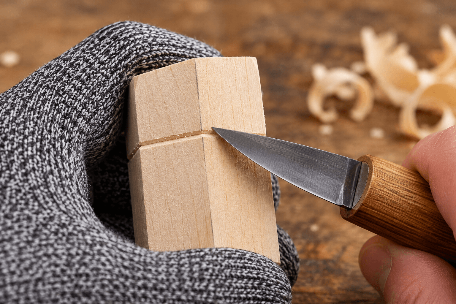 Gloved holding hand securing the wood block as the knife makes a controlled stop cut along the pencil guide line