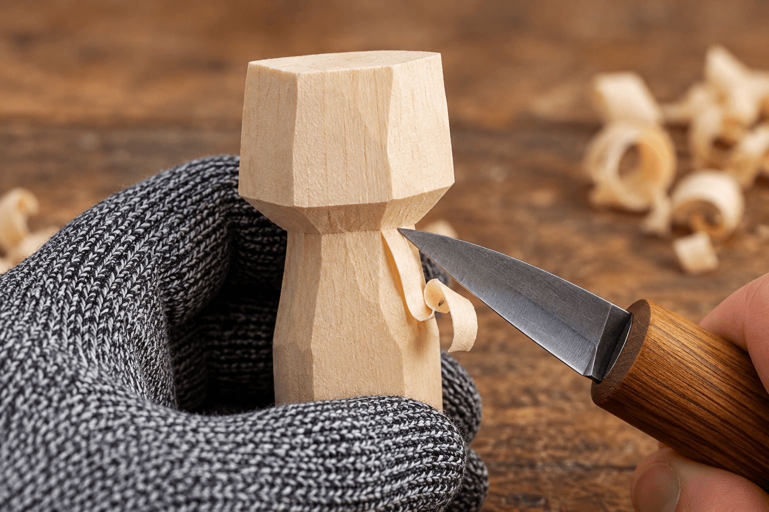 Knife slicing a relief cut into the stop cut to release wood shavings and define the mushroom cap shoulder