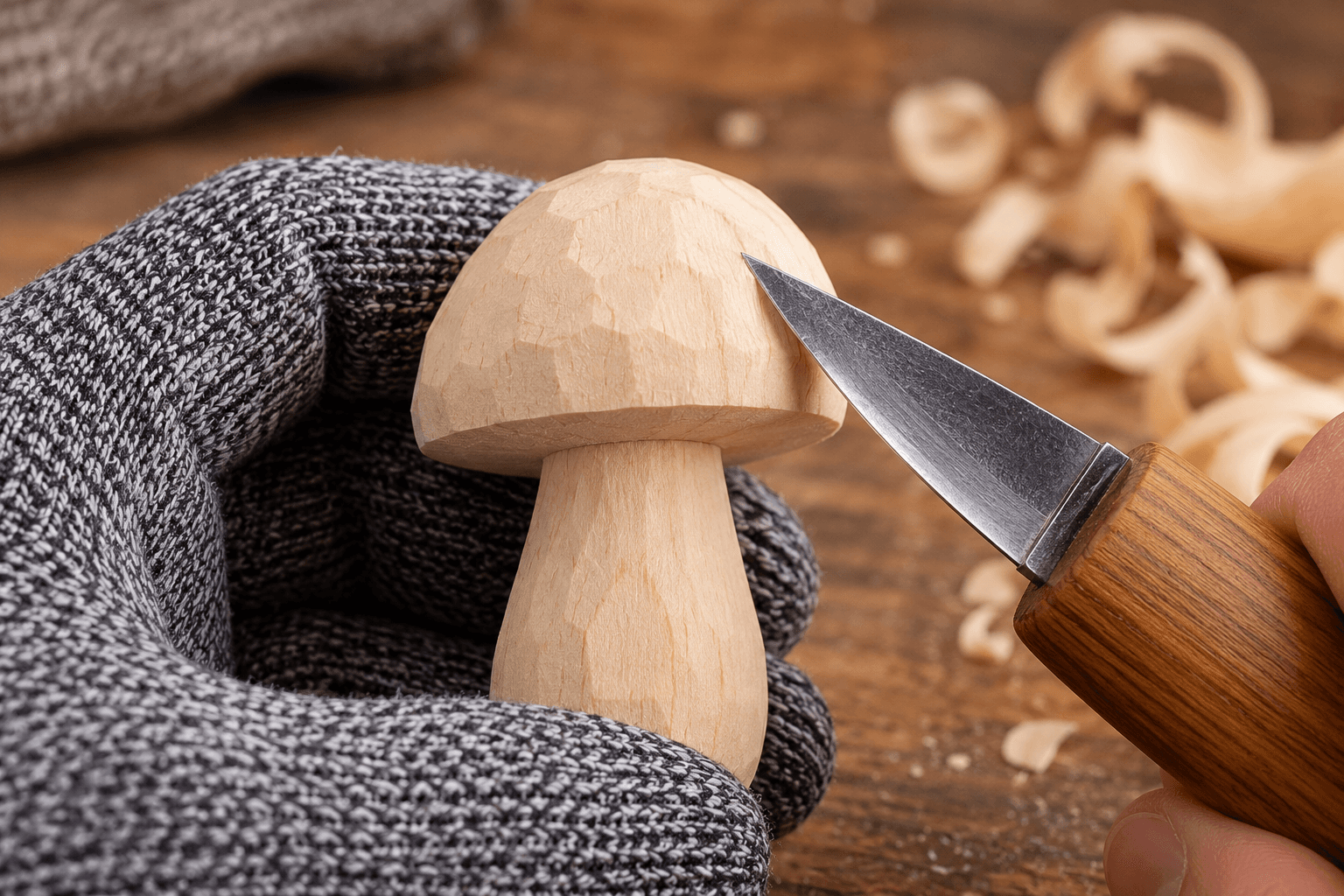 Holding hand in cut-resistant glove while knife shaves corner facets into a rounded mushroom cap dome