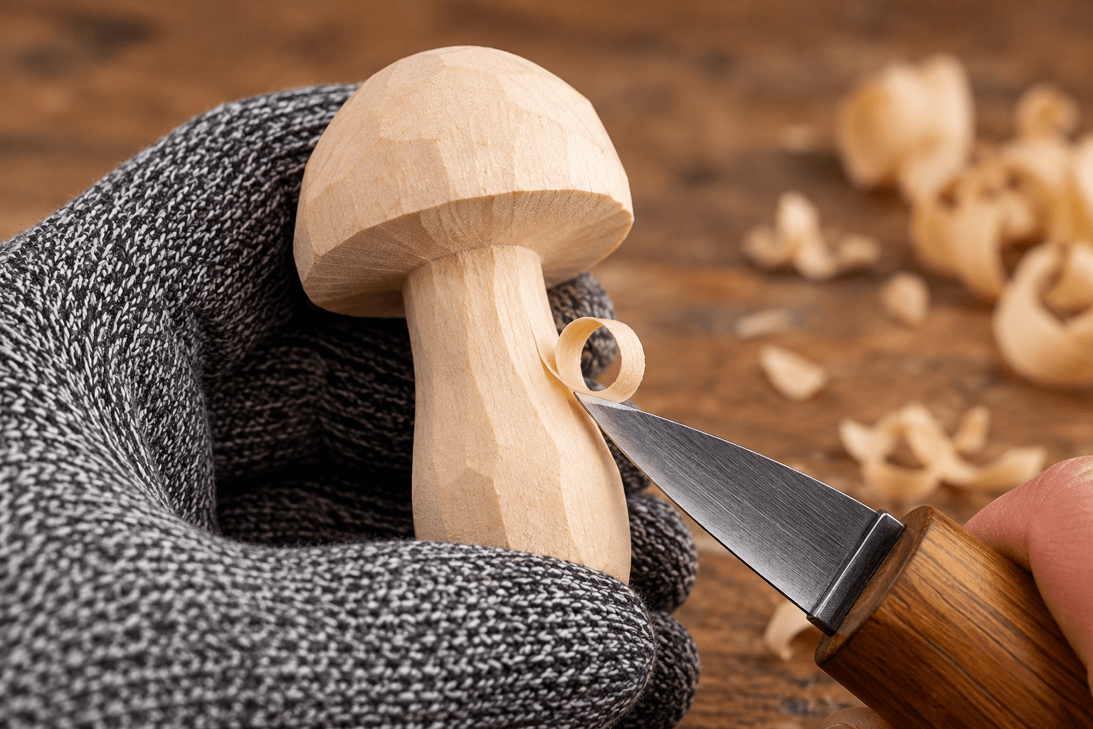 Knife making light peeling cuts down the stem of the wooden mushroom to taper and round its form