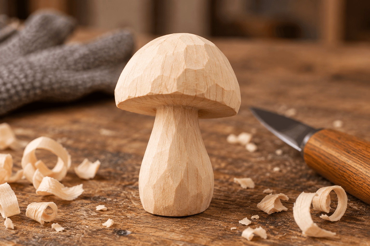 Completed hand-whittled basswood mushroom standing on the workbench surrounded by wood shavings