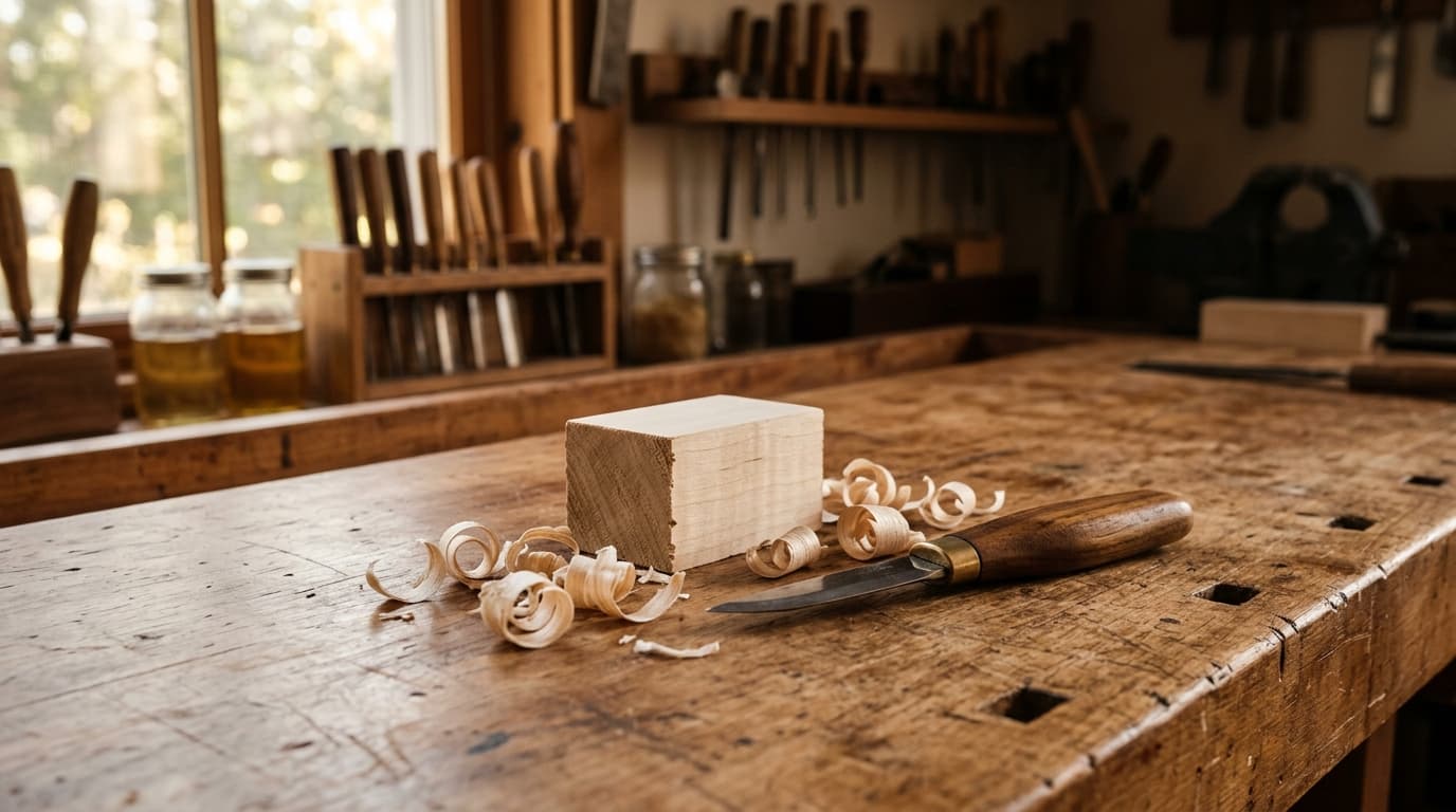 Traditional woodcraft workbench with clean shavings and hand carving tools